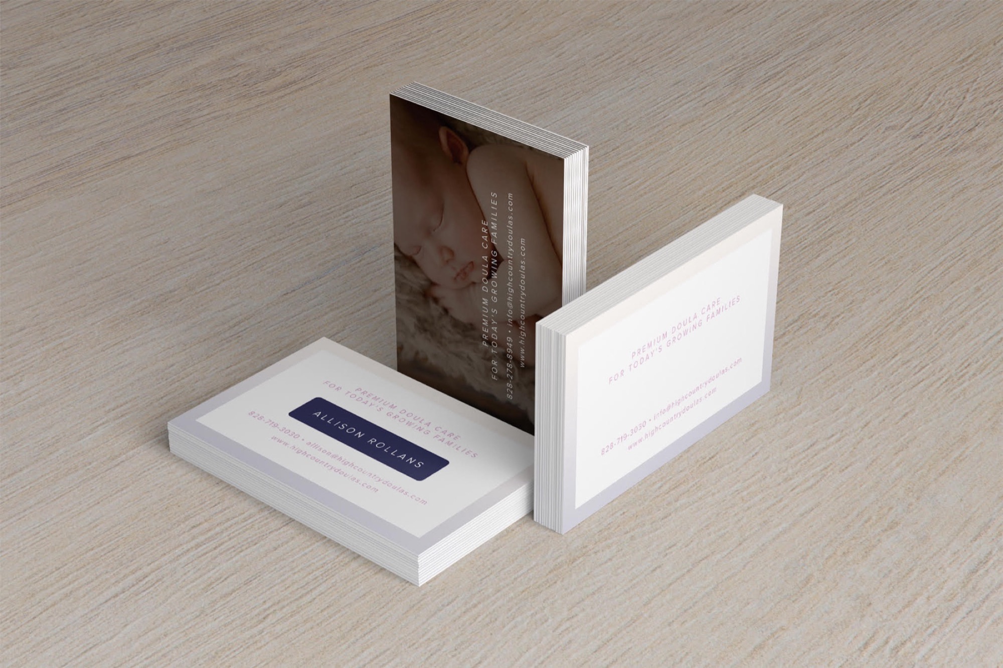 High Country Doulas premium brand card system with soft neutral palette
