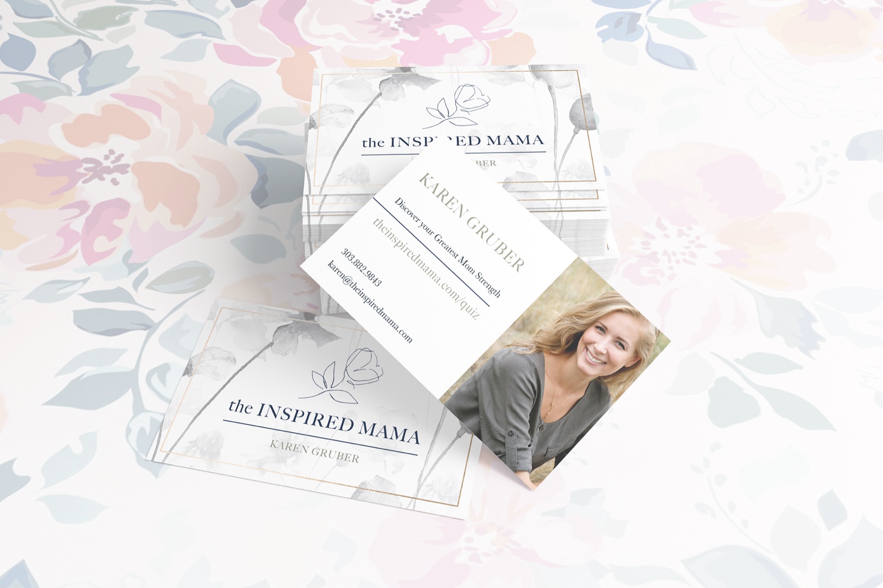 The Inspired Mama brand identity by Kaye Putnam with watercolor florals and business card system