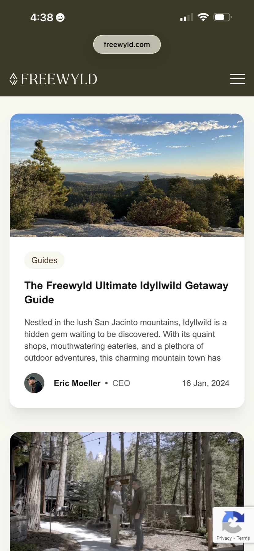 Freewyld blog post on mobile showing the Idyllwild Getaway Guide