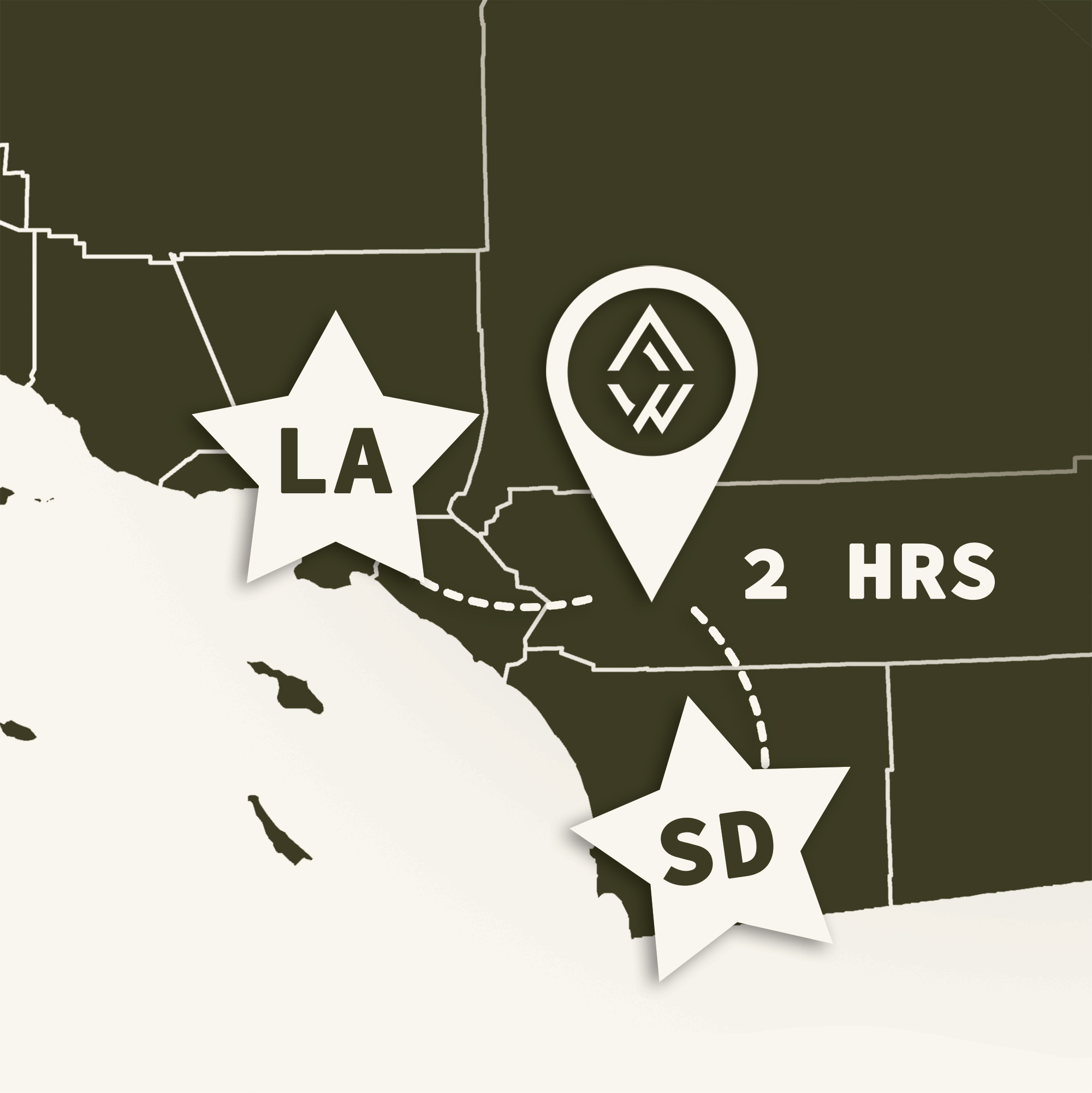 Freewyld Idyllwild location map showing proximity to LA and San Diego
