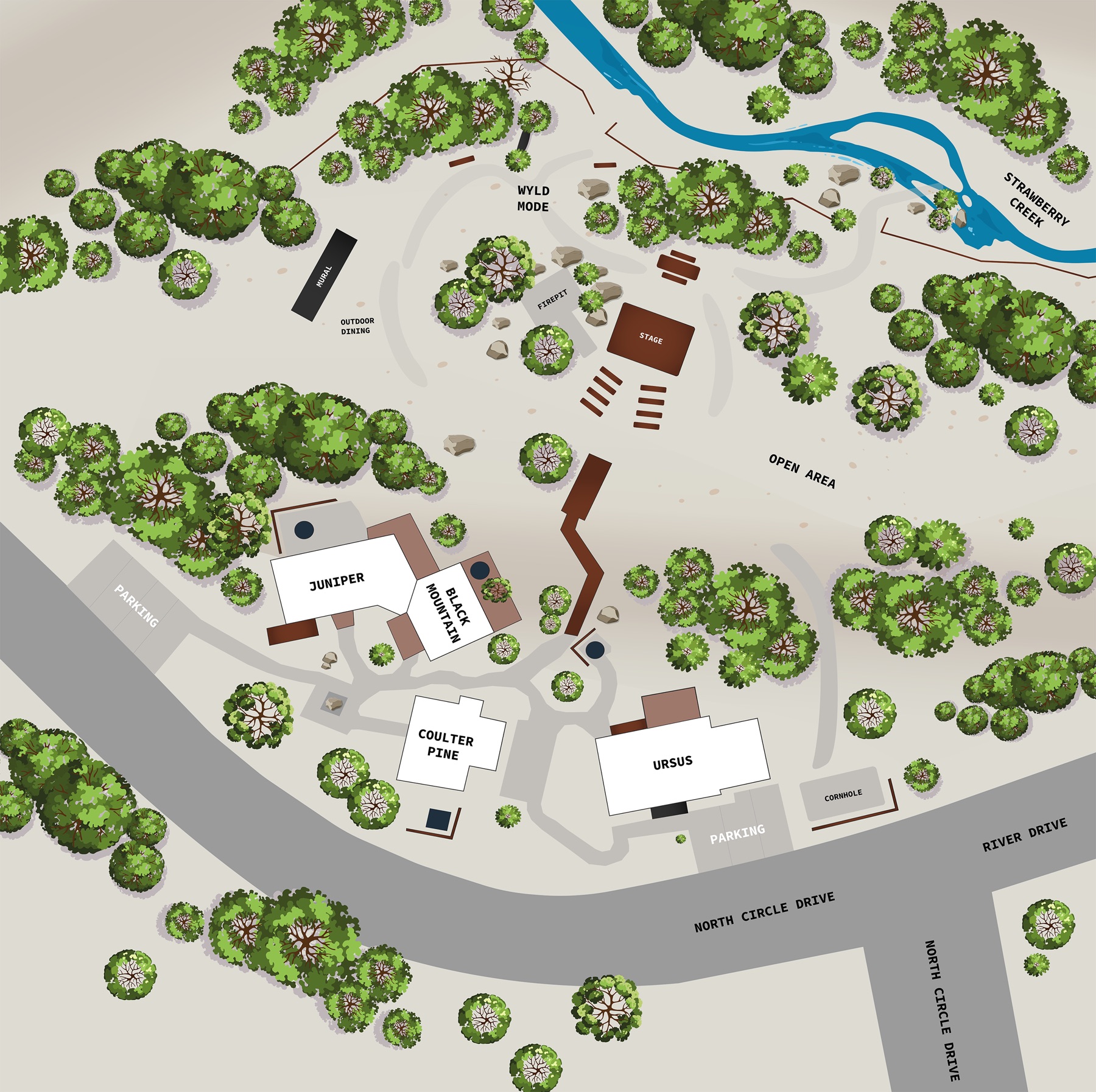 Illustrated Wyldwood Park property map showing all Freewyld cabins, Strawberry Creek, and Wyld Mode area