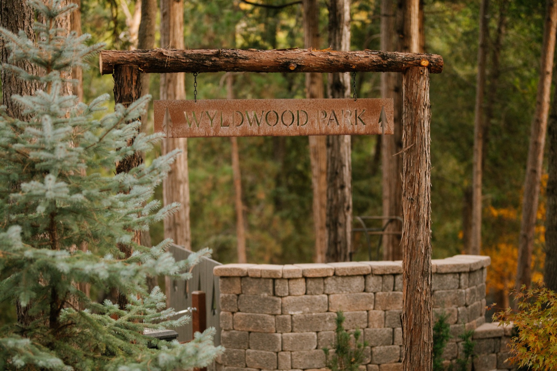 Rustic Wyldwood Park entrance sign hanging from a log beam, framed by pine trees and a stone wall