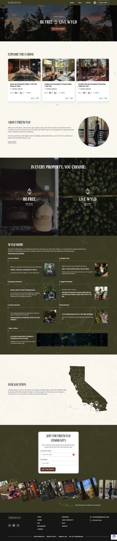 Freewyld.com full homepage featuring the Be Free / Live Wyld brand concept, press mentions, and cabin showcase