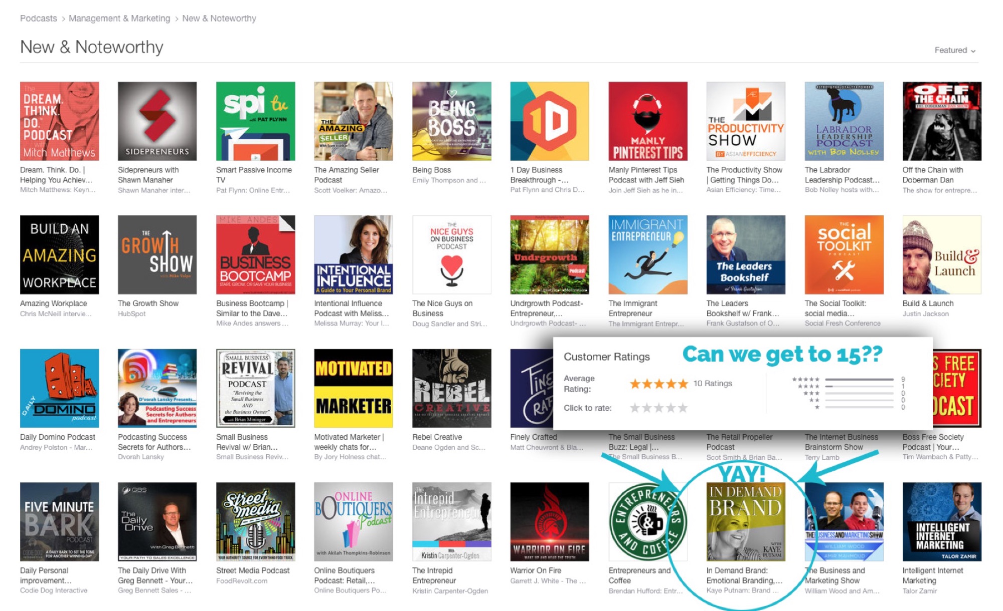 iTunes New & Noteworthy page featuring the In Demand Brand podcast with Kaye Putnam